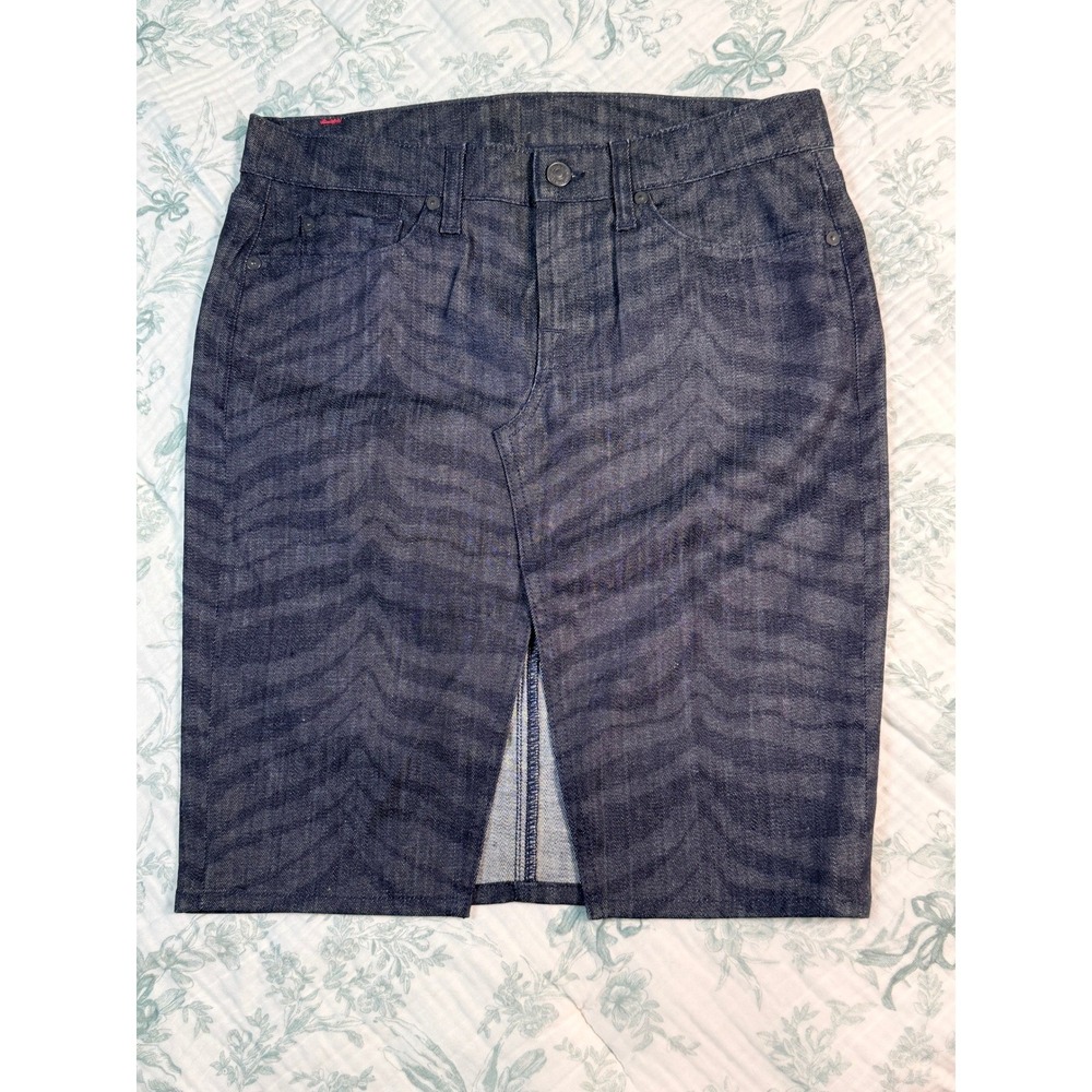 7 For All Mankind Marbled Denim Pencil Skirt Dark Indigo Front Slit Women 8